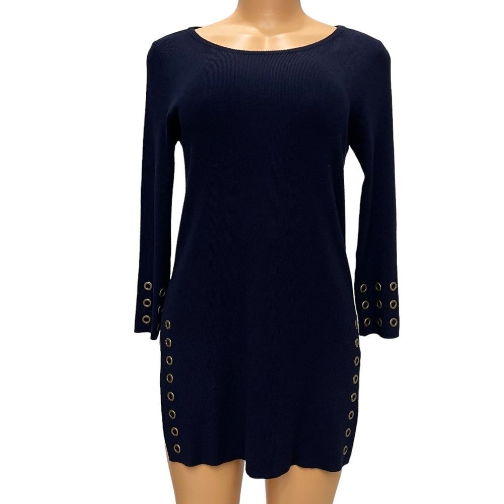 Joseph A Women Pullover Sweater Navy Blue Boat Neck Bronze Tone Eyelets NWOT